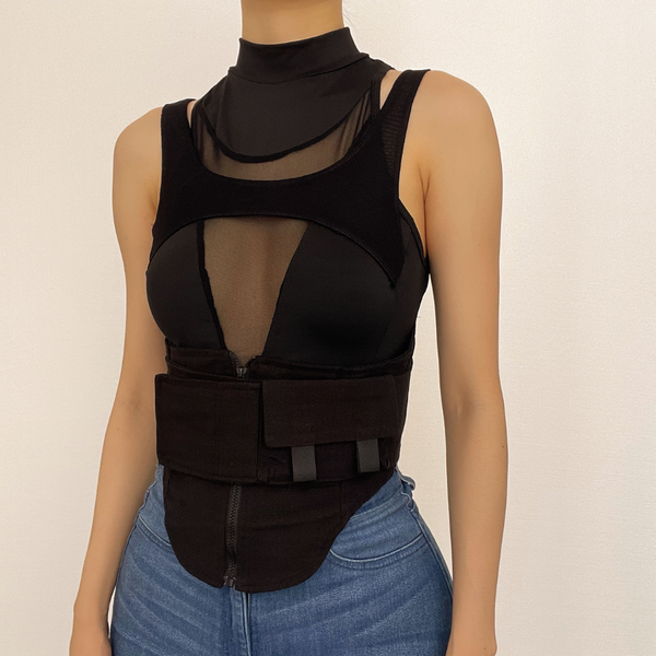 Hollow out high neck corset sleeveless zip-up crop cut out top