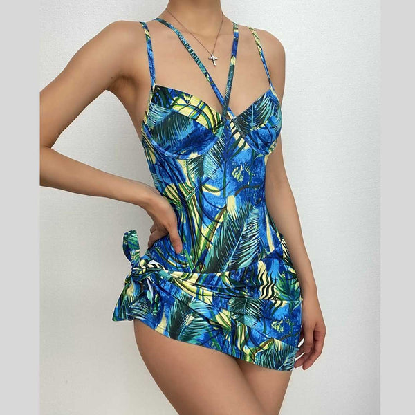 Contrast print cross front padded one piece swimwear