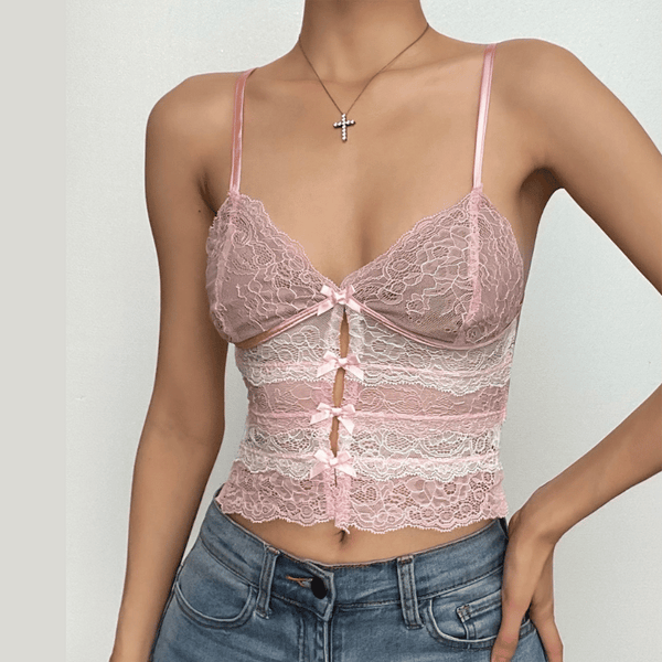 Lace bowknot contrast v neck backless self tie cami crop top