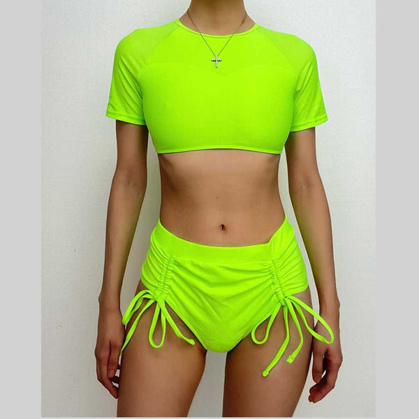 Short sleeve lace up solid drawstring bikini swimwear