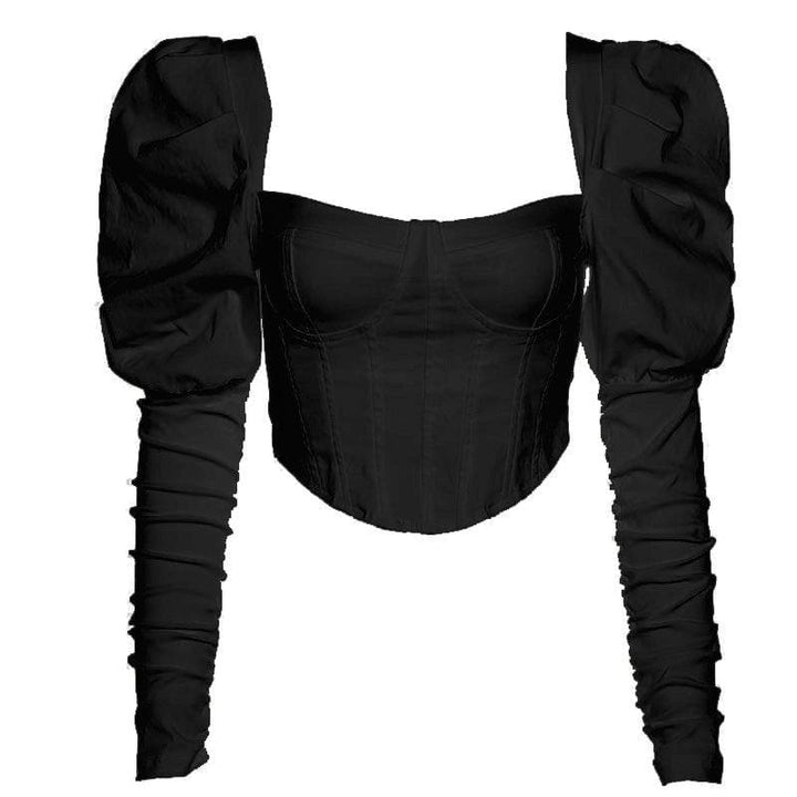Puff sleeve heart neck corset solid top - Halibuy