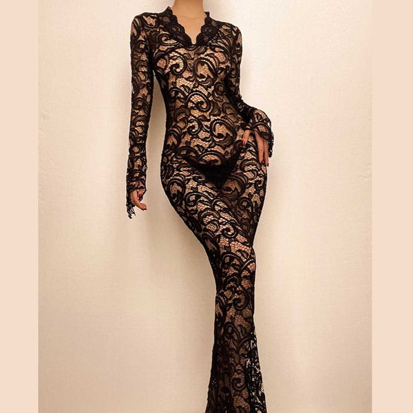 Lace see through long sleeve v neck solid maxi dress