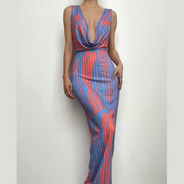 Contrast print cowl neck sleeveless backless maxi dress