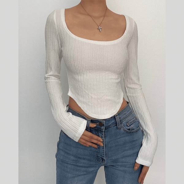 Long sleeve textured solid square neck crop top