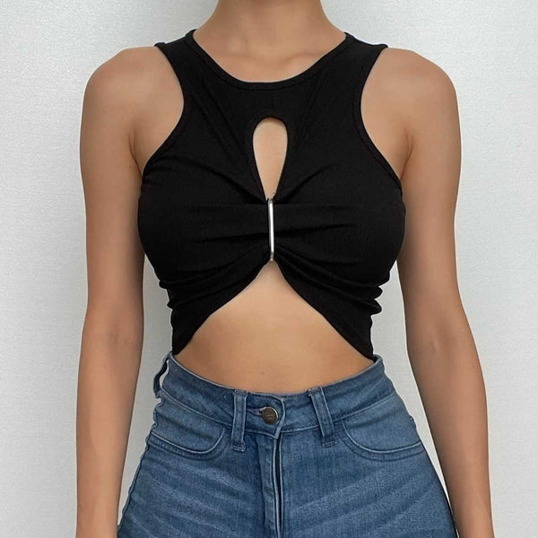 Hollow out sleeveless crewneck ruched solid crop cut out top