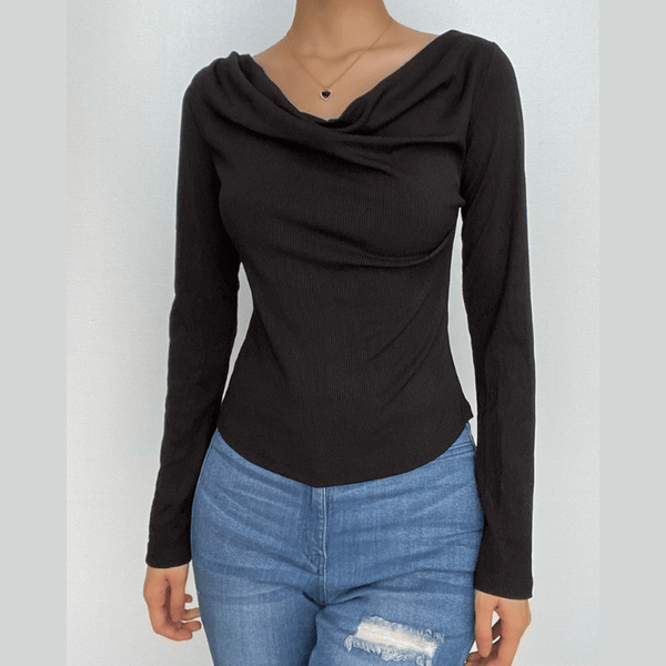 Cowl neck ruched long sleeve solid top