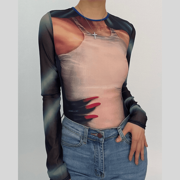 Long sleeve mesh contrast abstract button bodysuit