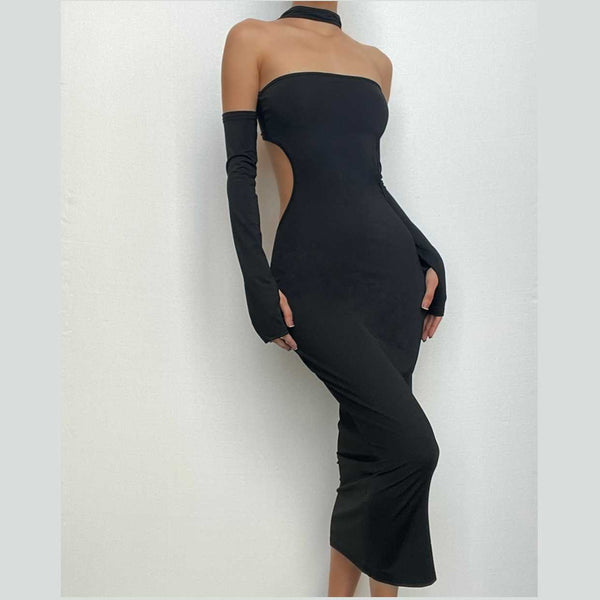 Gloves halter solid button hollow out backless midi dress