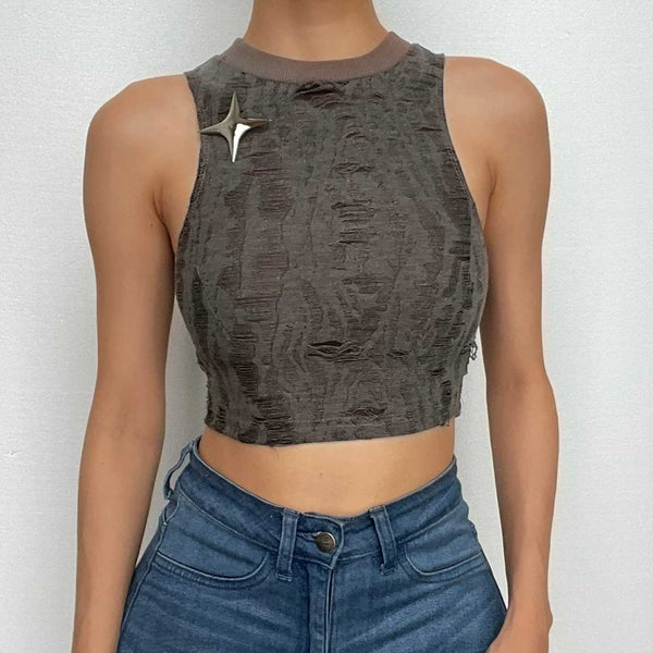 Sleeveless textured star applique hollow out solid crop cut out top