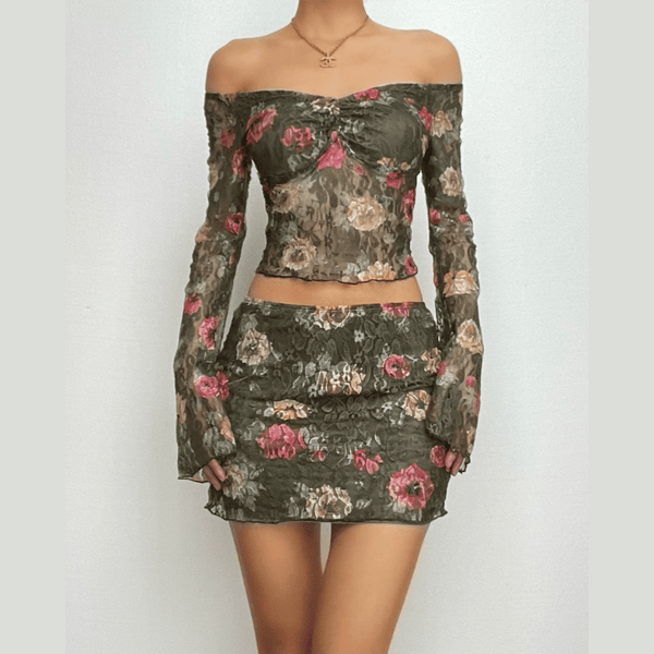 Long sleeve off shoulder flower print lace contrast mini skirt set