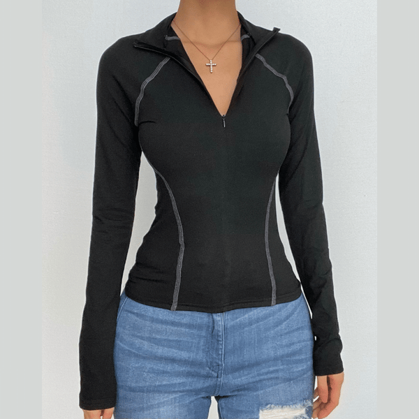 Long sleeve high neck stitch zip-up contrast top