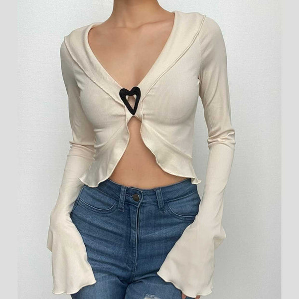 Ribbed flared sleeve heart applique ruffle v neck crop top