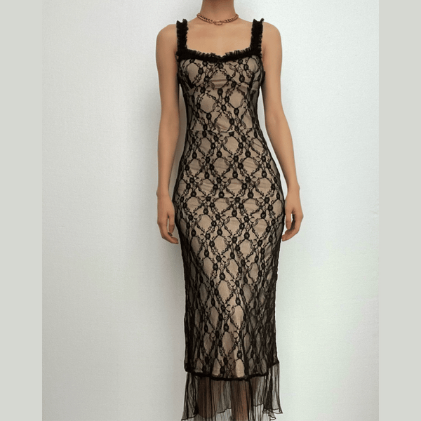 Lace hem contrast sleeveless low cut backless midi dress