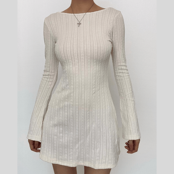Long sleeve solid textured backless mini dress