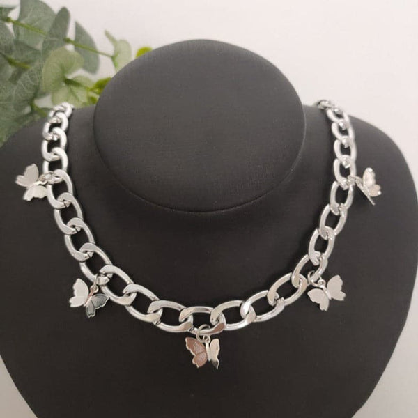 Butterfly pendant metal choker necklace