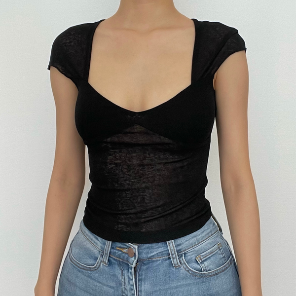 V neck hollow out knotted short sleeve low cut backless crop cut out top