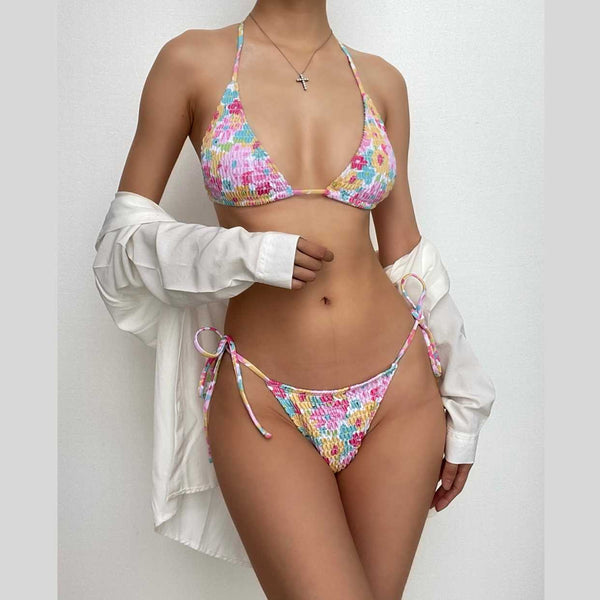 Smocked flower pattern halter self tie backless bikini swimwear