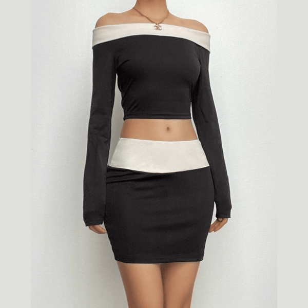Contrast patchwork off shoulder long sleeve mini skirt set