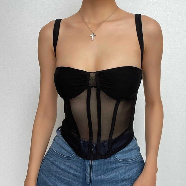 Sheer mesh square neck corset backless ruched cami crop top