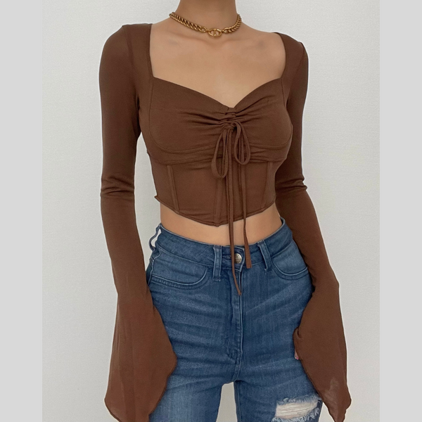 Long sleeve solid drawstring ruched self tie crop top