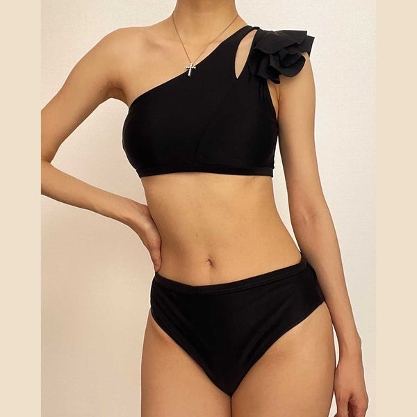 One shoulder ruffle solid irregular hollow out bikini swimwear