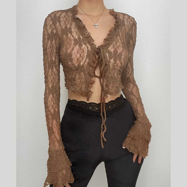 Lace v neck self tie see through flared sleeve solid crop top