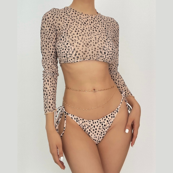 Leopard long sleeve self tie halter contrast 3 piece swimwear