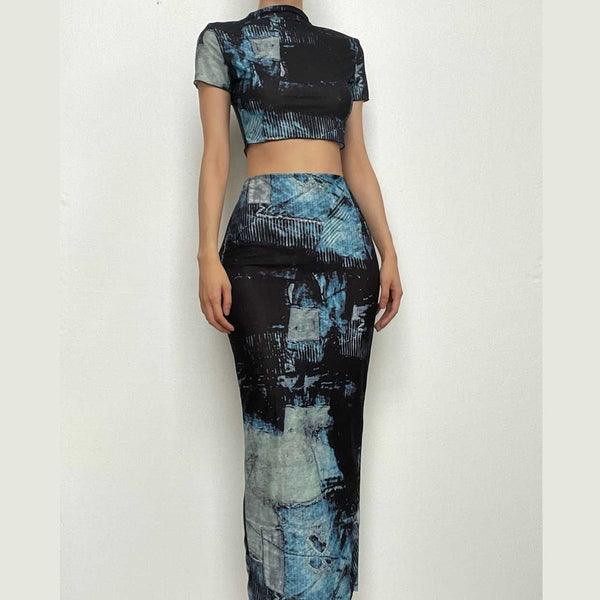 Short sleeve high neck contrast print maxi skirt set