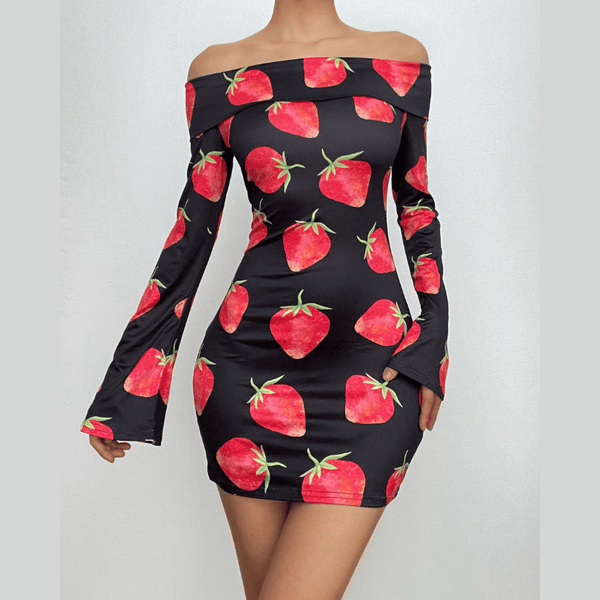 Off shoulder long sleeve strawberry print contrast mini dress