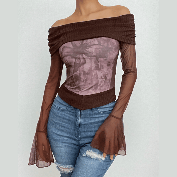 Knitted patchwork off shoulder long sleeve top