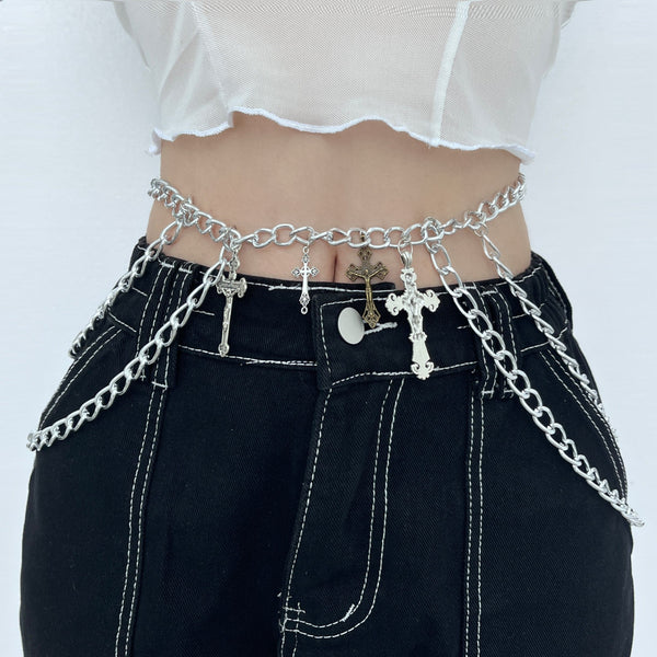 Cross pendant chain layered waist chain