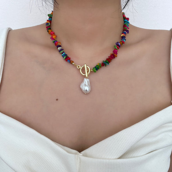 Stone beaded multicolor pendant necklace