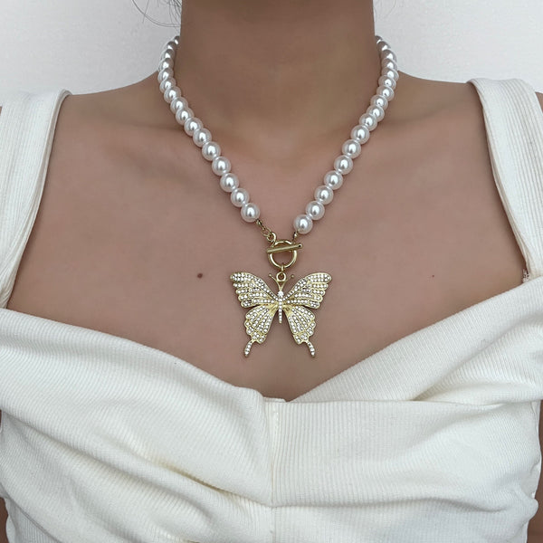 Faux pearl beaded butterfly pendant necklace