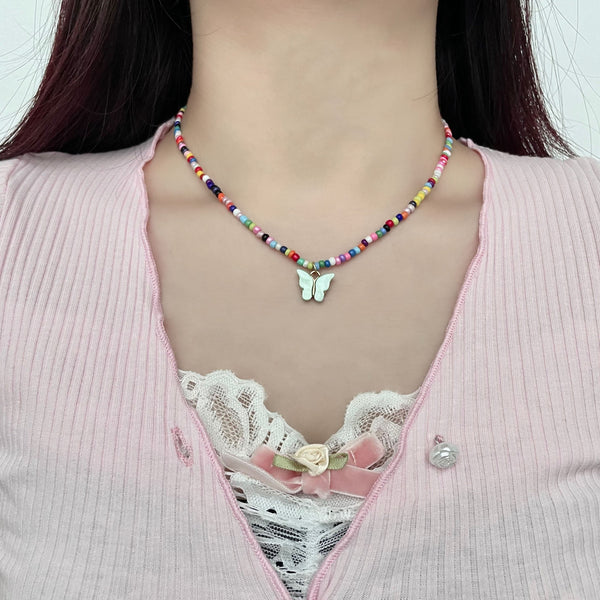 Multicolor clay beaded butterfly pendant necklace