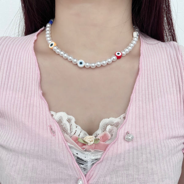 Collar de perlas artificiales multicolor con flores de arcilla 