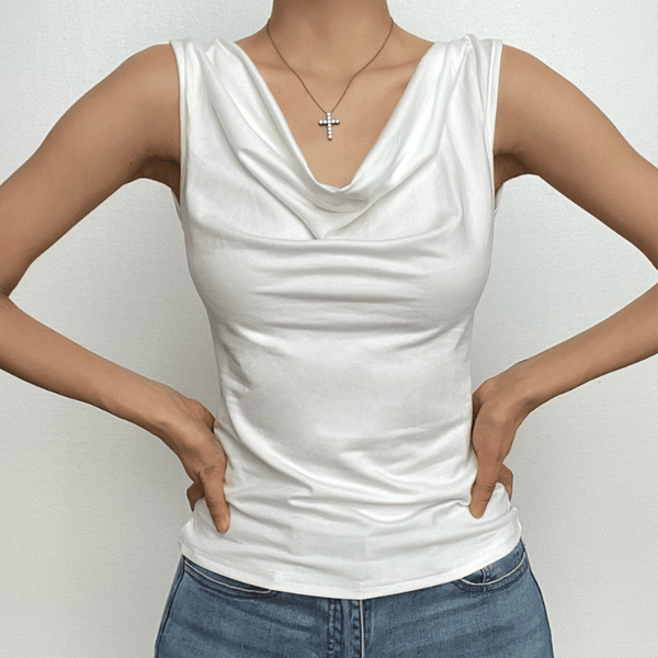 Cowl neck solid cap sleeve backless self tie ruched crop top