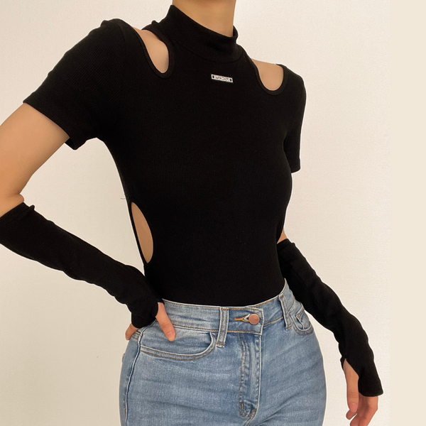 High neck hollow out short sleeve solid bodysuit