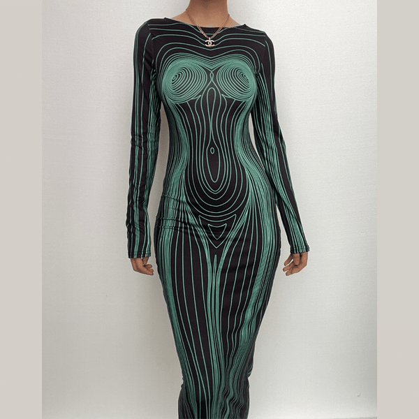 Long sleeve round neck contrast abstract print maxi dress