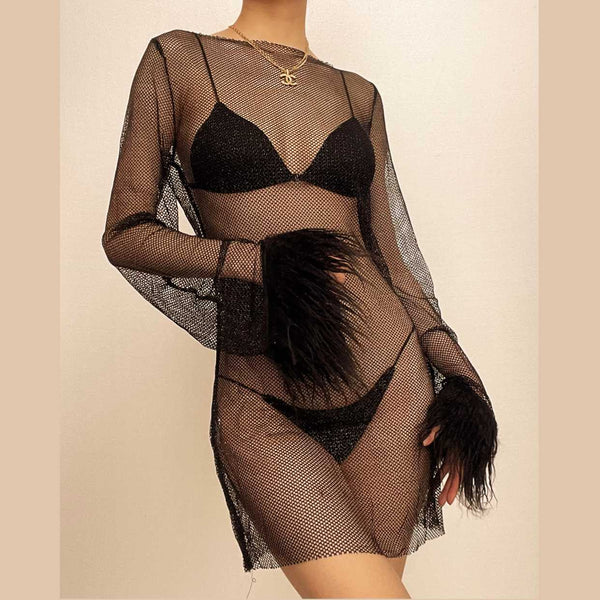 Long sleeve solid see through sheer mesh fluffy round neck mini dress
