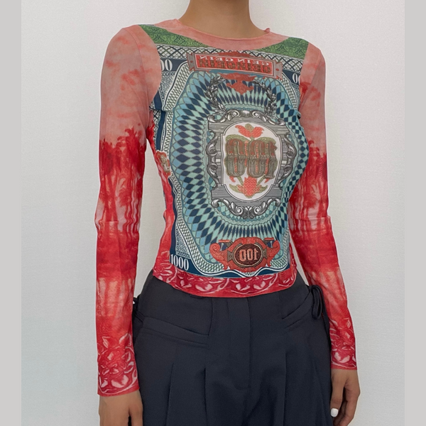 Long sleeve crewneck contrast abstract mesh top