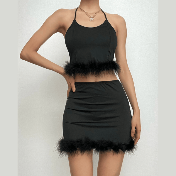 Feather solid backless tube mini skirt set