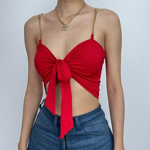 Metal chain knotted ruched solid crop top