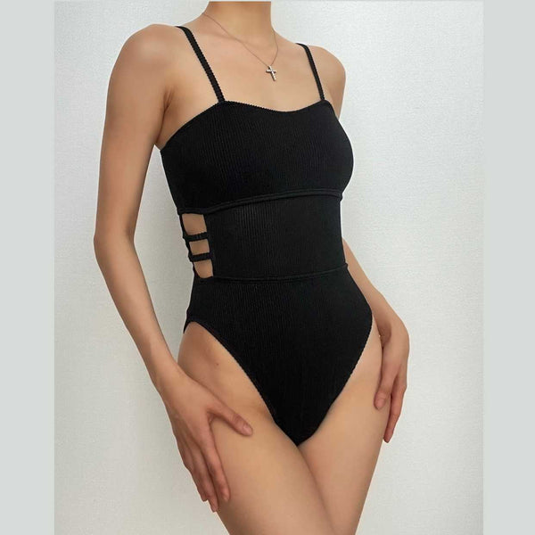 Padded hollow out solid cami one piece swimwear