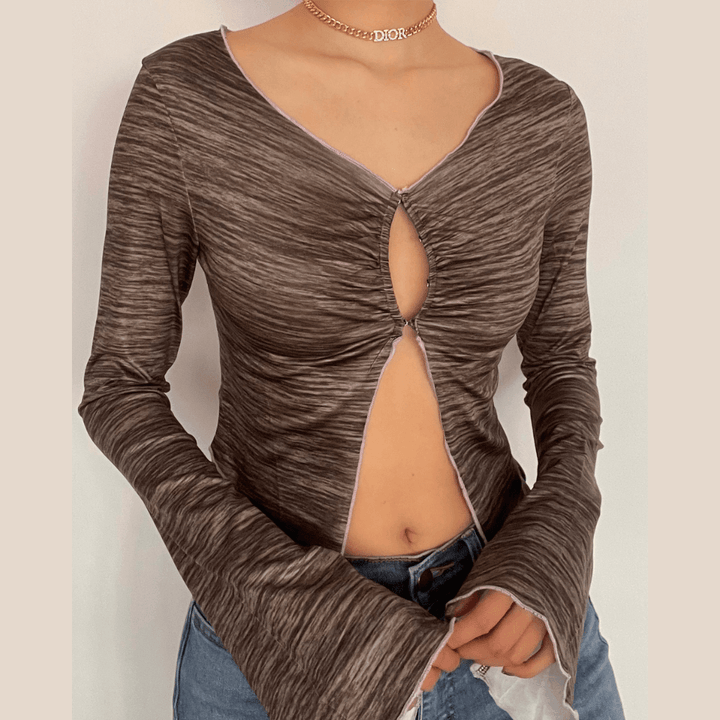 Long sleeve ruffled buttoned slit top - Halibuy