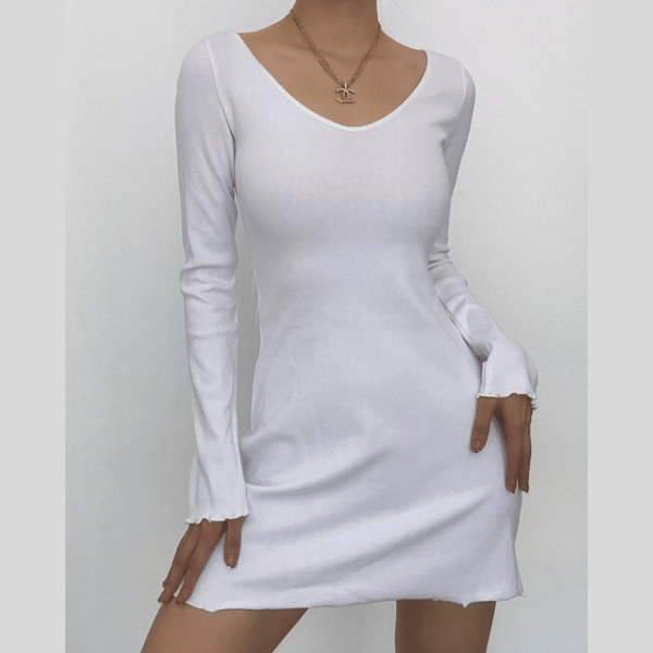 Long sleeve solid ruffle v neck ribbed mini dress