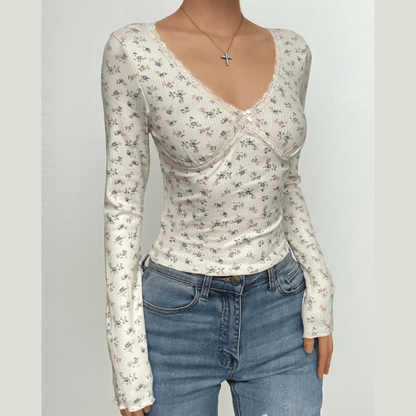 Flower print contrast long sleeve v neck lace hem top