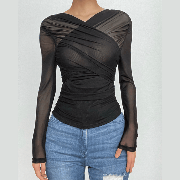 Cross front ruched mesh long sleeve solid top