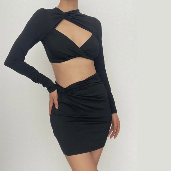 Knotted hollow out solid ruched long sleeve mini skirt set