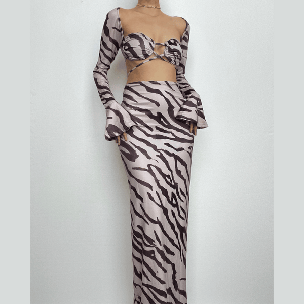 Zebra print low cut flared sleeve self tie contrast maxi skirt set