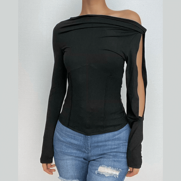 Solid long sleeve off shoulder irregular knotted hollow out cut out top